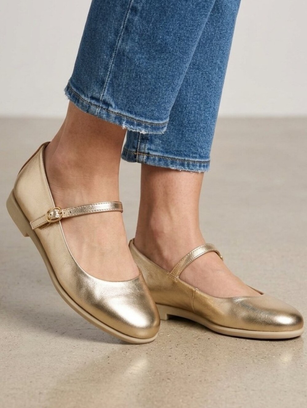 Metallic Gold Genuine Leather Mary Jane Flats with Buckle Strap Aero Comfort